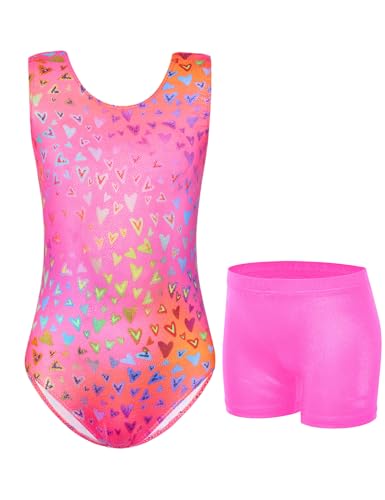 Jinhiteam Girls Gymnastics Leotards Size 8-9 Years Old Shiny Pink Heart Tumbling Outfit Practice Tank Bodysuits with Shorts