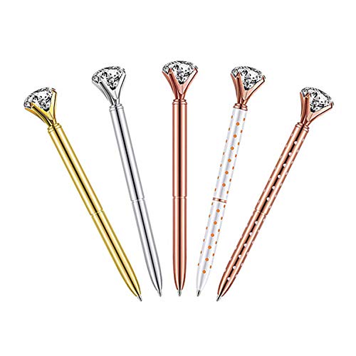 5PCS Big Crystal Diamond Ballpoint Pen Bling Metal Ballpoint Pen Office Supplies, Rose Gold/Silver/Gold/White With Rose Polka Dots/Rose Gold With White Polka Dots