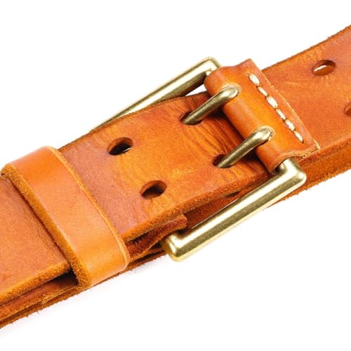 Men’s Classic Leather Belt, Double Prong Retro Style, Antique Brass Buckle, 1 ½” Width,Gifts for Men3