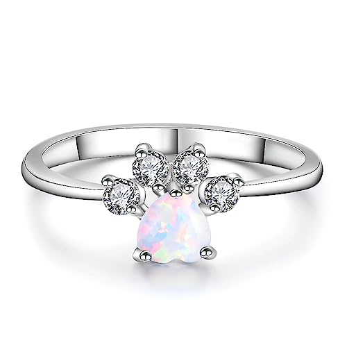 IMINI Jolie bague empilable en forme de patte d'animal de compagnie en oxyde de zirconium avec cœur opale pour chiot, chien, chat, bague de fiançailles en cristal, bague de fiançailles, bague de