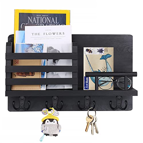 BIGLUFU Schlüsselbrett mit Ablage, Schwarz Wandregal Holz,...
