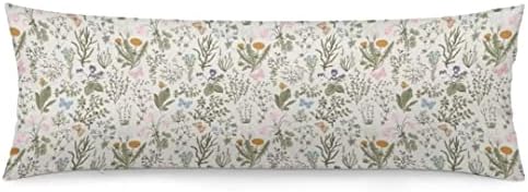 Spring Floral Body Pillow Cover Vintage Garden Plants with Herbs Flowers Botanical Sage Green Leaves Long Pillowcase with Zipper Decorative Soft Large Bedding Pillow Cases for Couch,Home Gifts 20"x54"