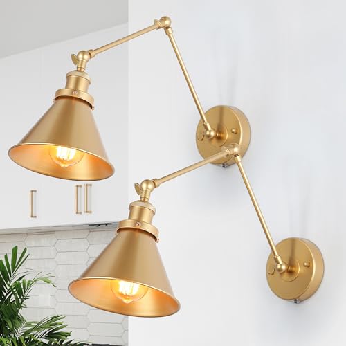LALUZ Gold Wall Sconces Lighting 2 Pack, Modern Swing Arm Plug-in or Hardwired Adjustable Wall Lamp...