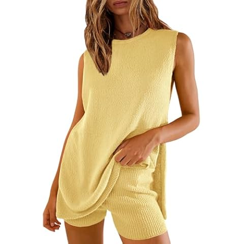 SENSERISE Womens Summer Sweater Sets 2 Piece Beach Vacation Outfits Top Shorts Ribbed Knit Lounge Sets(Yellow,S) Cover