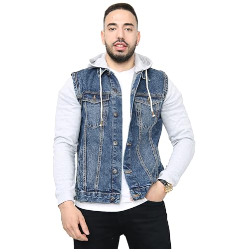 NOROZE Herren Jeansjacke mit Fleece Ärmel und abnehmbare Kapuze Klassisch Denim Jacke Trucker Mantel Kapuzenpullover (M, Denim Blau)