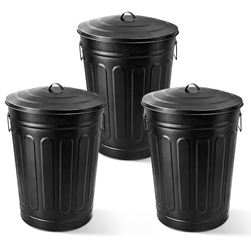 Image of Plexon Metal Trash Can with Lid 13 Gallon, Decorative Outdoor Trash Can Heavy Duty Galvanized Metal Bucket with Lid for Garage Workshop Storage Farmhouse, Black 3 Pack