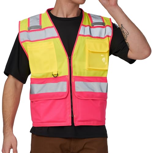 Image of A-SAFETY High Vis Reflective Safety Vest for Men Women Zipper Ipad Pockets Mesh Construction Apparel Neon Vest for Work