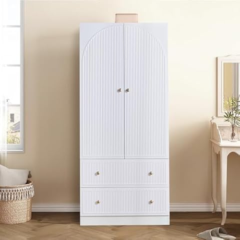 RARZOE Armoire Wardrobe Closet with 2 Striped Doors, Freestanding Wooden Wardrobe Cabinet with 2 Storage Drawers and Hanging Rail, Wardrobe Armoire for Bedroom(White) Cover
