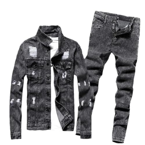 Mnjyihy Men Autumn Jean Set Jacket Suit Jacket Handsome Stand Collar Slim Fit Single Breasted Jacket Trousers Suit