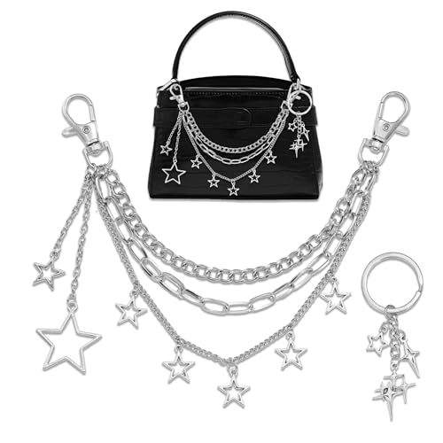 Image of BELICEY Y2K Purse Charms Chain Silver Layered Purse Chain for Handbags Metal Star Keychain Bags Accessories for Women Strap Extender for Wallet Crossbody Shoulder Bags
