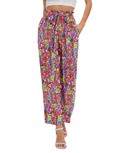NILOUFO Women's Casual Wide Leg Pants High Waisted Lightweight Loose Long Trousers with Pockets Adjustable Tie Knot