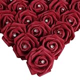 IPOPU 100PCS Burgundy Rose Artificial Flower Heads, 3in Real Looking Stemless Foam Roses Fake Flowers Bulk with Crystal for DIY Craft Wedding Bouquets Arrangements Party Home Decorations(Burgundy)