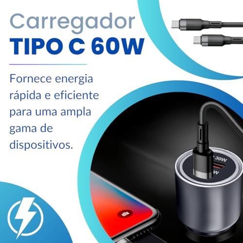 Carregador Veicular Turbo 60W USB C com Cabo Tipo C de 1 Metro Compatível com Novo Iphone 15 16 Pro