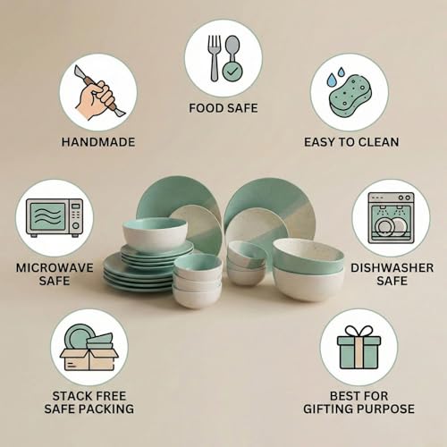 Image of Freakway 21-Piece Ceramic Dinnerware Set | 6 Dinner Plates, 6 Quarter Plates, 6 Bowls & 3 Large Serving Bowl | Dual Minth Green and Beige Color Speckled Design