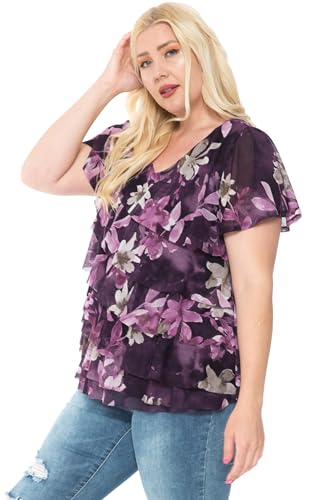 Image of LEEBE Women and Plus Size Printed Mesh Ruffle Top (Small-5X)