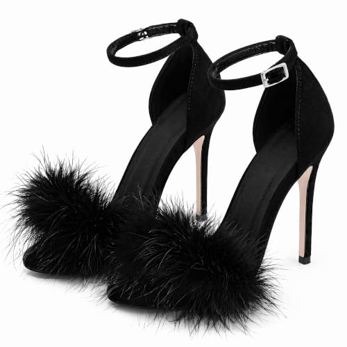 Image of Women's Sexy Heeled Sandals Fluffy Feather Open Toe Stiletto High Heels | Ankle Strap Buckle Shoes for the Bedroom Wedding Party Dance Evening Date Night Lingerie Cocktail Club Fuzzy Faux Fur