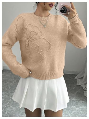 Image of RoseSeek Women's 3D Floral Appliques Crewneck Sweaters Long Sleeve Drop Shoulder Pullovers Elegant Knit Tops
