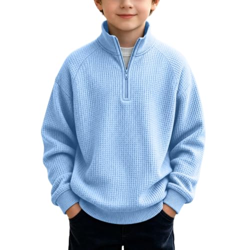 Boys Waffle Knit Quarter Zip Sweatshirts Fashion Long Sleeve Pullover Tops