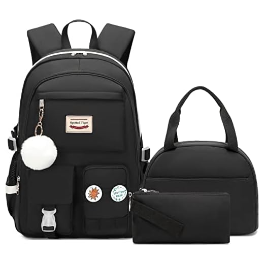 Spotted Tiger School Backpack for Girls Backpack with Lunch Box Anime Bookbag School Bag Kawaii Backpack Set for Teen Girls (Black)