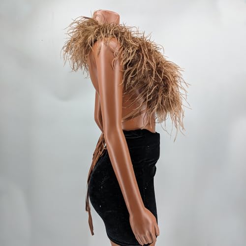 LVCOMEFF Women Natural Ostrich Fur Feather Halter Vest Fluffy Sleeveless Tie Backless Tank Top Shaggy Y2K3