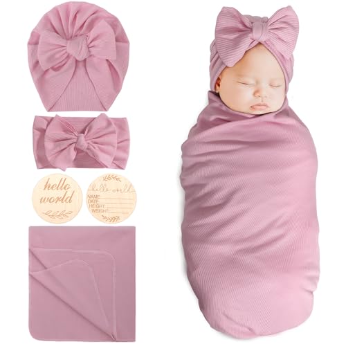 Image of DRESHOW BQUBO Baby Girl Newborn Receiving Blankets with Bow Hat Headband Wooden Birth Announcement Card Set Newborn Baby Swaddle Wrap Set Warm Shower Gift
