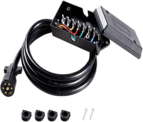 Qinjia 8ft 7-Way Trailer Plug Wiring Harness with 7 Gang Trailer Junction Box,[10-14AWG],Heavy Duty 7 Way Plug Inline Trailer Cord