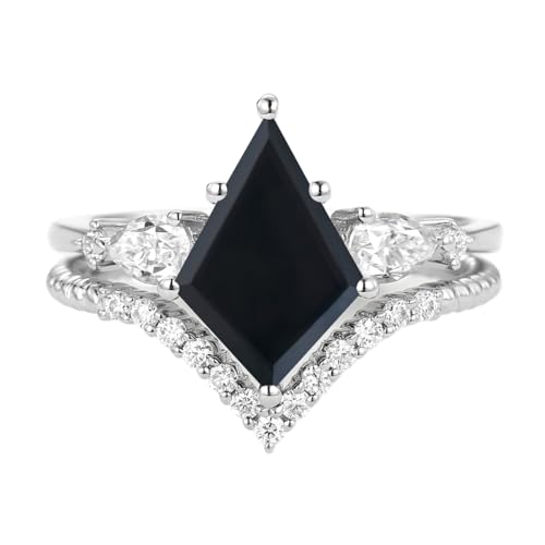 1.5ct/2ct Black Onyx Wedding Ring Set - Kite Cut Black Onyx Bridal Sets Wedding Rings White Yellow Rose 10K 14K 18K Gold Sterling Silver Gem Engagement Anniversary Promise Ring Set for Her
