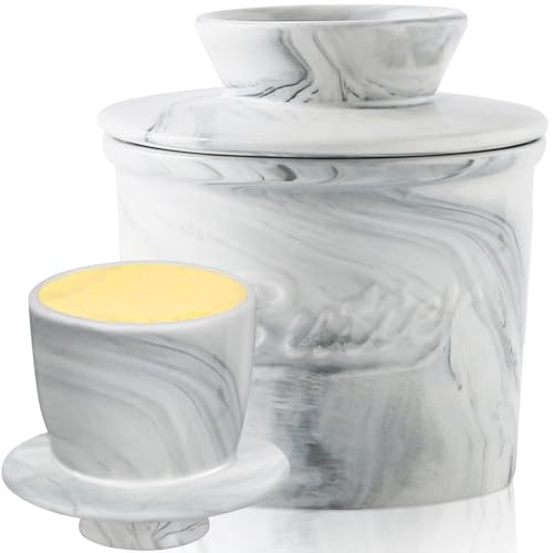 Lighterday Mantequera francesa con tapa de cerámica para mantequilla untable (mármol, 10 cm)
