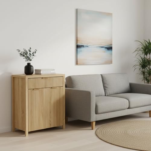 Image of Panana 2 Doors 1 Drawer Sideboard, Ribbed Style Storage Cabinet with Adjustable Shelves for Kitchen Living Room, Kitchen, Entryway (Oak)