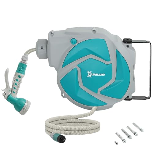 DURHAND Enrollador de Manguera para Jardín 10+1 m con Boquilla de 7 Funciones, Carrete de Manguera de Jardín de Pared, Giratorio 180°, con Retorno Enrollado Automático, Gris Claro y Verde