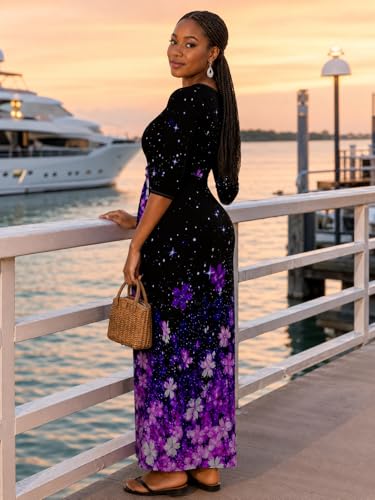 Image of PinkPatty Plus Size Maxi Dresses for Women Casual Flowy Long Dress 3 /4 Sleeve V Neck Wrap Dress with Belt