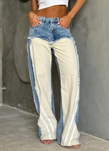 Womens High Waisted Straight Wide Leg Jeans Stretch Casual Patchwork Baggy Y2k Streetwear Pockets Denim Pants3