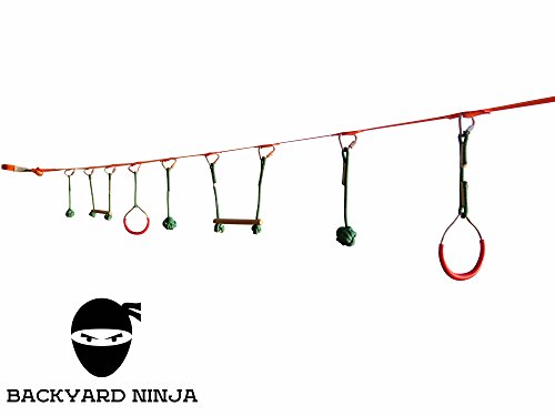 Backyard 45 Foot Ninja Obstacle Course | Inspired by American Ninja Warrior Training Equipment | Slackline Swinging Monkey Bars Includes 8 Hanging Obstacles for Kids (Classic Backyard Ninja)