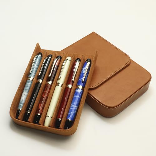 Image of 6Slots Leather Fountain Pen Case Collector Organizer - Handmade Pen Case Vintage Crazy Horse Print Leather Pen Protective Sleeve Cover Pen Storage Gift Box (6slot-Yellow)