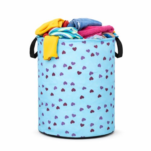 Image of Printed Laundry Basket 48L | Foldable Storage Bag with Handles | Multipurpose Clothes Hamper for Bedroom, Bathroom & Dorm | Non-Woven Fabric (Heart Print) | Blue | Pack of 1