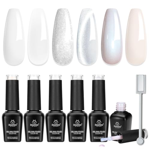 Beetles White Gel Nail Polish Set, Milky White Silver Glitter Pearl Cat Eye