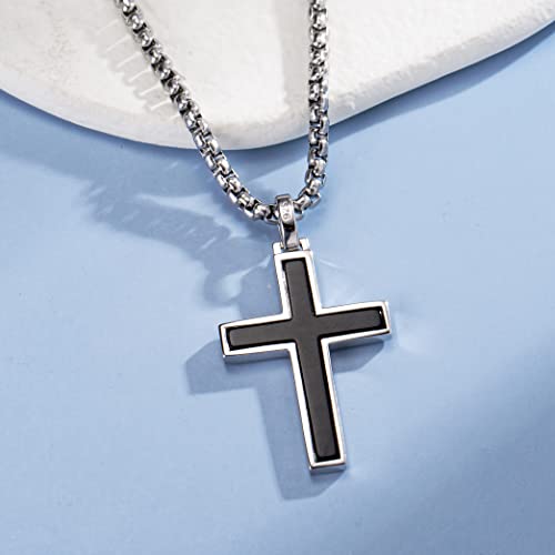 FANCIME White Gold Plated 925 Solid Sterling Silver Polished Black Men's Womens Crucifix Cross Pendant Long Fine Jewelry Valentines Day Gifts for Him,Stainless Steel Box Chain Length 24''3