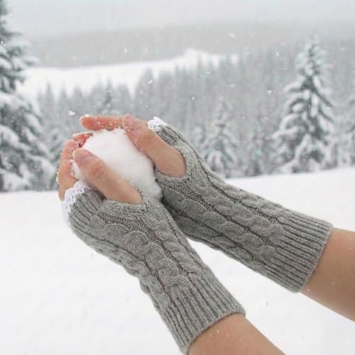Image of Kraptick Women's Cable Knit Fingerless Gloves - Winter Arm Warmers with Elegant Lace Trim & Thumb Hole - Soft Woolen Thermal Half Finger Mittens for Typing, Driving & Office Work (Free Size, khaki)-1