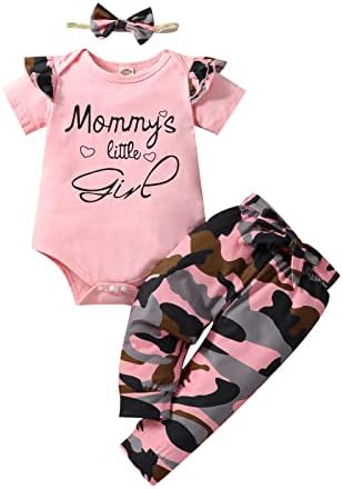 vivifayee Newborn Baby Girl Clothes Infant Camouflage Outfits Letter Print Short Sleeve Romper Long Pants Set with Headband 3Pcs Cute Toddler Girl Clothing Set