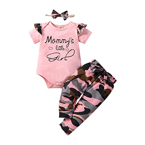 Vivifayee Newborn Baby Girl Clothes Infant Camouflage Outfits Letter Print Short Sleeve Romper Long Pants Set With Headband 3Pcs Cute Toddler Girl Clothing Set #TOP27