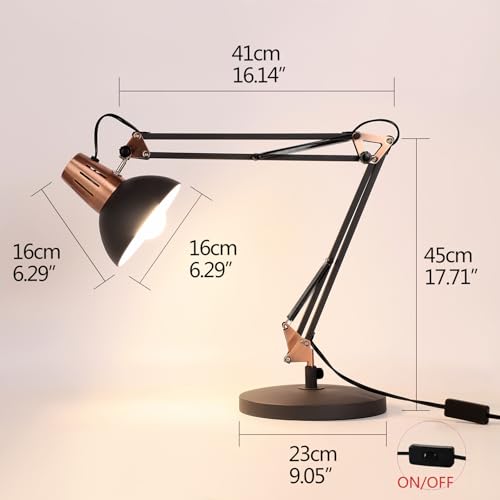 Image of FIRVRE Black Retro Metal Swivel Arm Desk Lamp Adjustable Architect Morden Table Lamp High Task Lamp with Switch for Bedroom Study Room Home Office
