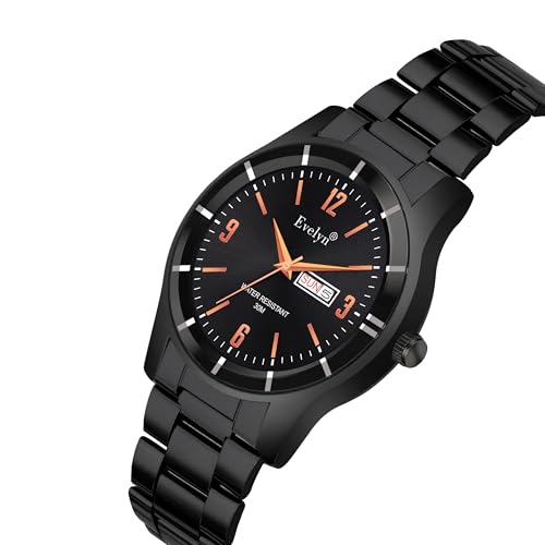 Image of Evelyn Classic Men's Watch, Black Stainless Steel, Analog Display, Day-Date Function, Rose Gold Accents Eve 165