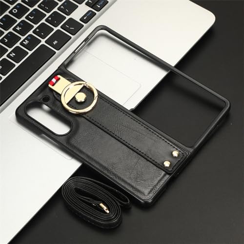 Housse protection Galaxy Z Fold 5 4 3 2 étui cuir noir avec lanière bandoulière
