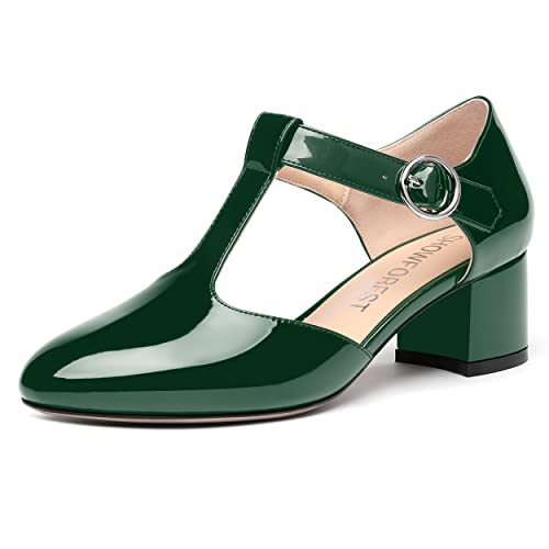 SHOWFOREST Women's Evening T Strap Patent Round Toe Chunky Low Heel Pumps Office Work Dress Shoes 2 Inch