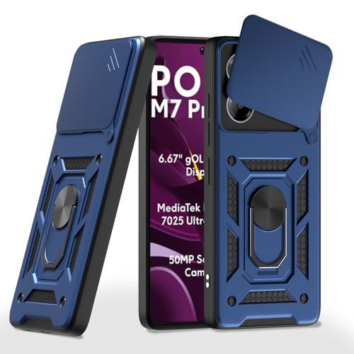 Image of Pikkme Back Cover for Poco M7 Pro 5G | D10 Tough Armor | 360 Protection Case | Sliding Camera Shield Cover & Ring Holder Stand Bumper Case (Blue)