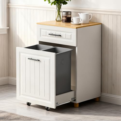 ZIFTY Pull Out Trash Can Cabinet for 10.25 Gallon Bins Freestanding Kitchen Trash Bin Cabinet with Drawer Pet Proof Wooden Garbage Recycling Laundry Hamper Storage for Living Room