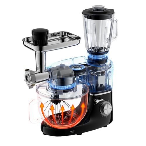 Ruhhy Robot culinaire bol en acier inoxydable 6,2 l, 2200 W - 6 niveaux de vitesse + fonction pulse appareils de cuisine pour gâteaux et pain avec accessoires de cuisson pour les chefs 16747