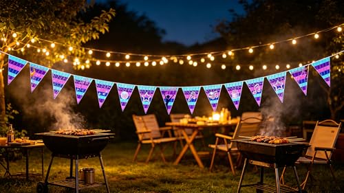 Image of K-POP Starry Birthday Banner - 12.2FT Polyester Bunting with 15pcs Triangle Flags, Blue Purple Gradient Star & Music Note Pennant Banner for Kpop Fans Party, Indoor Outdoor Hanging Decor