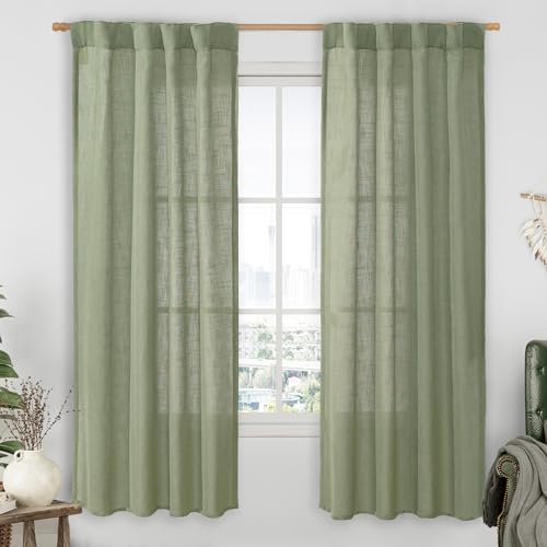 LAMIT Light Filtering Linen Curtains 72 inches Long for Bedroom, Linen Textured Semi Sheer Back Tab and Rod Pocket Boho Drapes for Window/Living Room, Sage Green, 2 Panels, 34 x 72 Inch
