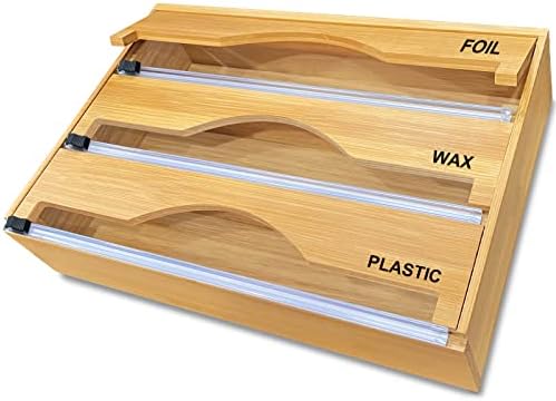 Aiaabq Bamboo Plastic Wrap Dispenser with Cutter with 21 Labels,3-in-1 Storage Organizer for Aluminum Foil…